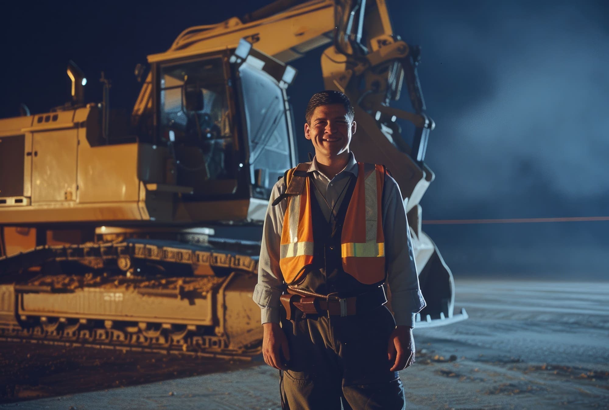 Operator standing in front of heavy earth-moving equipment