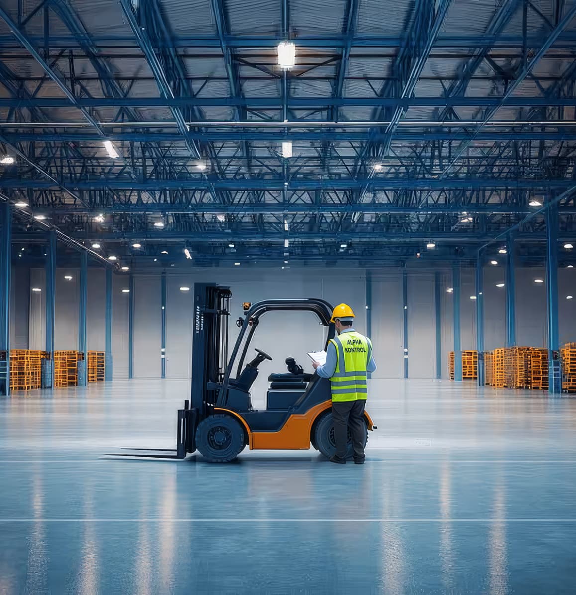 Forklift operating inside a large industrial warehouse